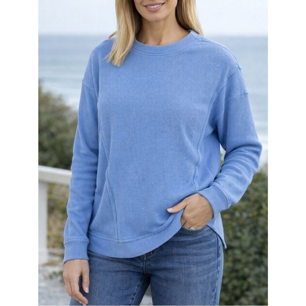 Sunnyside by Sundry Blue Waffle Knit Pullover Sweatshirt Top Size M